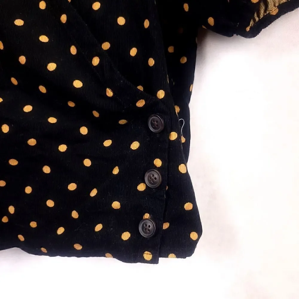 Madewell Corduroy Black Yellow Polka Dot Wrap Top with Puff Sleeve Med